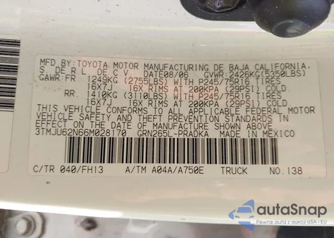 2006 Toyota Tacoma Prerunner V6 z USA, uszkodzony, nr VIN 3TMJU62N66M028170